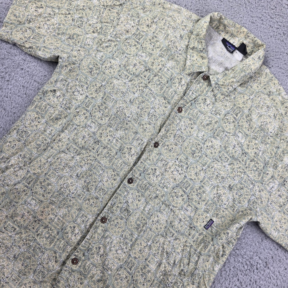 Patagonia Vintage Button Down Shirt Mens Medium Green Geometric Organic Cotton
